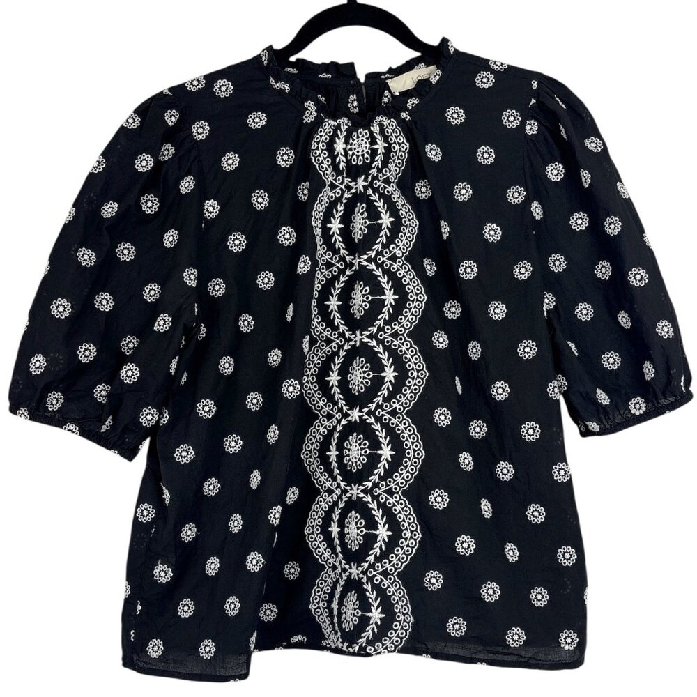 LOFT Black Embroidered Puff Sleeve Top Women's Size Large Boho Cottagecore - Picture 1 of 15